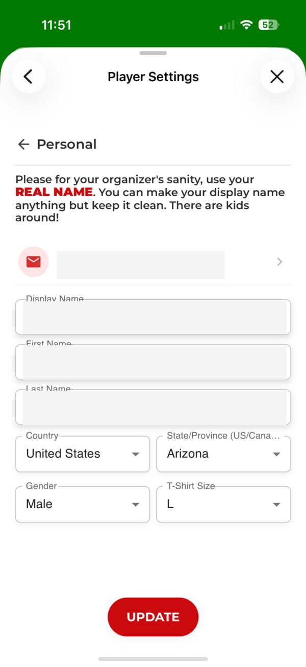 Personal section of Player Settings
