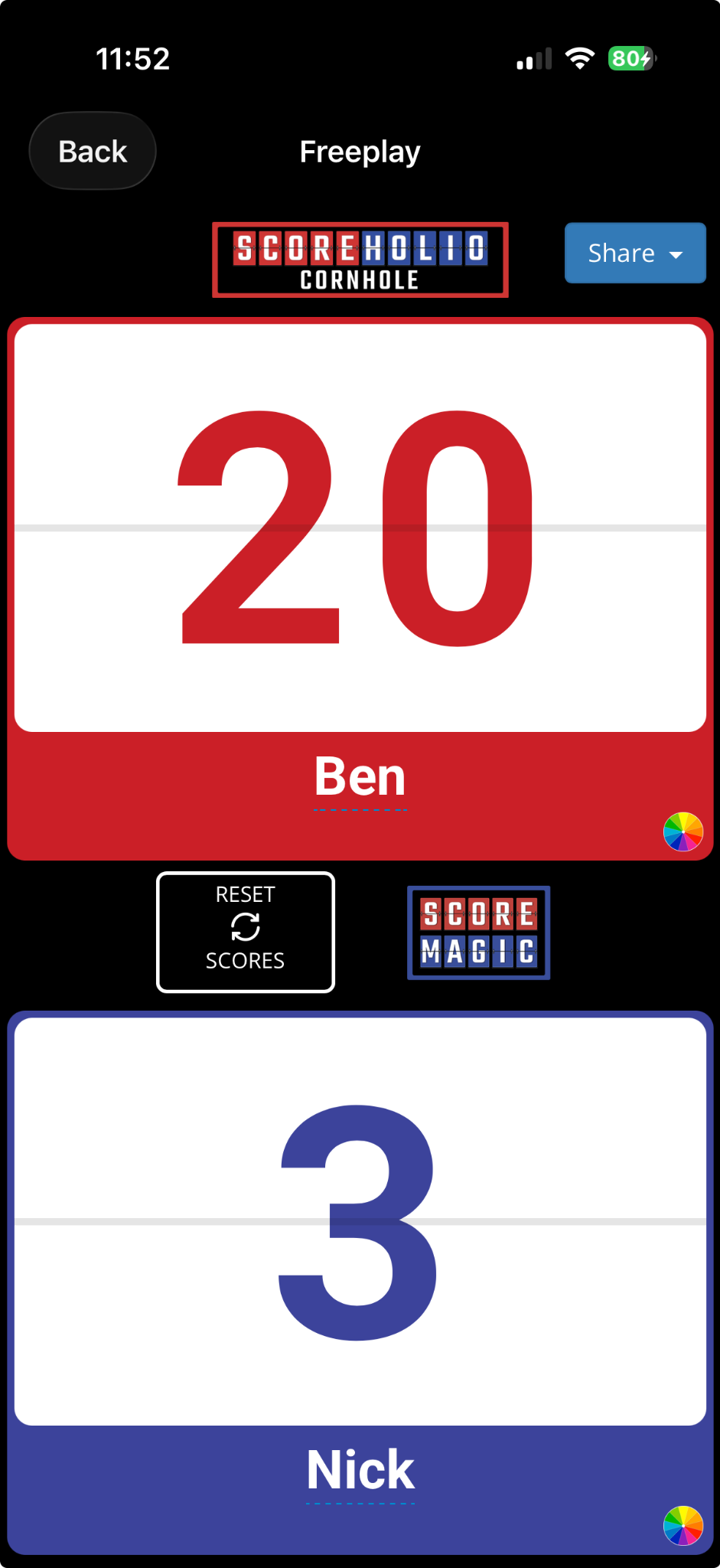 Basic Free Play scoreboard showing Ben leading Nick 20 to 3