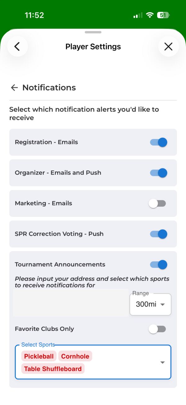 Notifications section of Player Settings