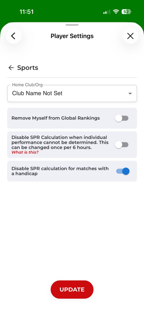 Sports section of Player Settings