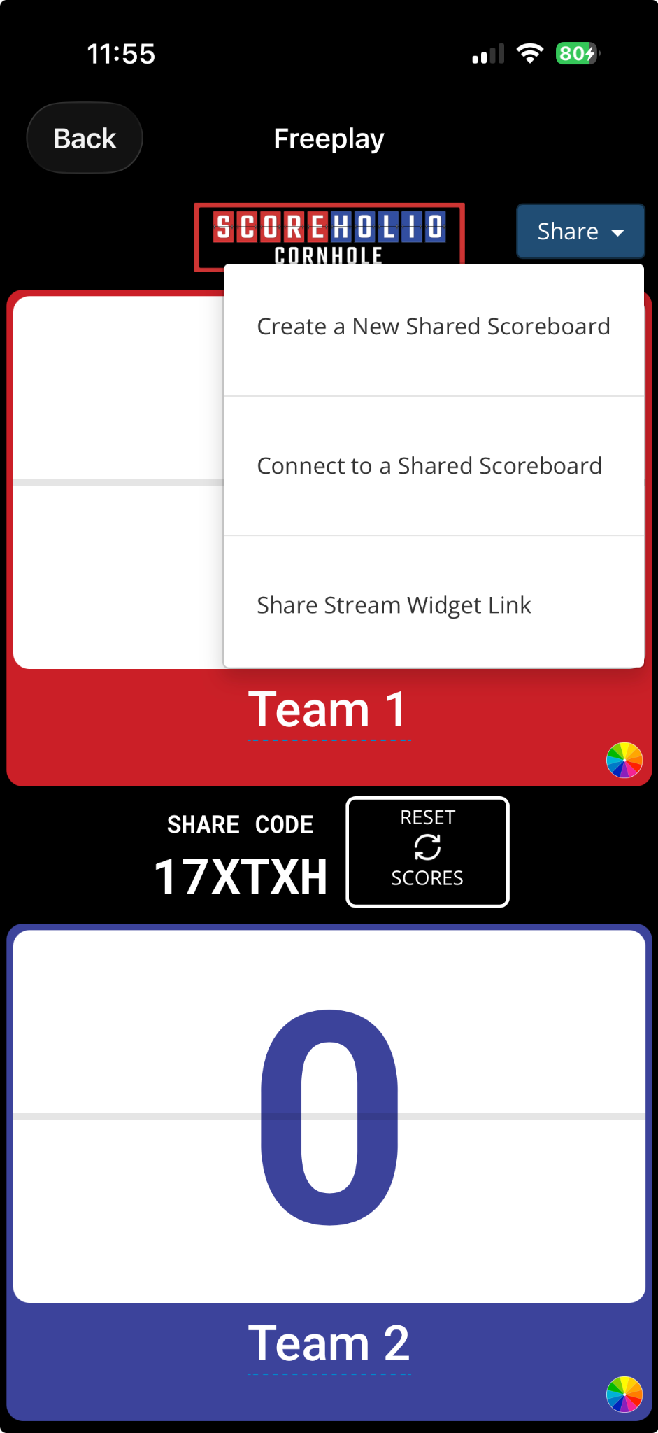 Free Play Share menu with options to create or connect to a shared scoreboard and a share code in the middle