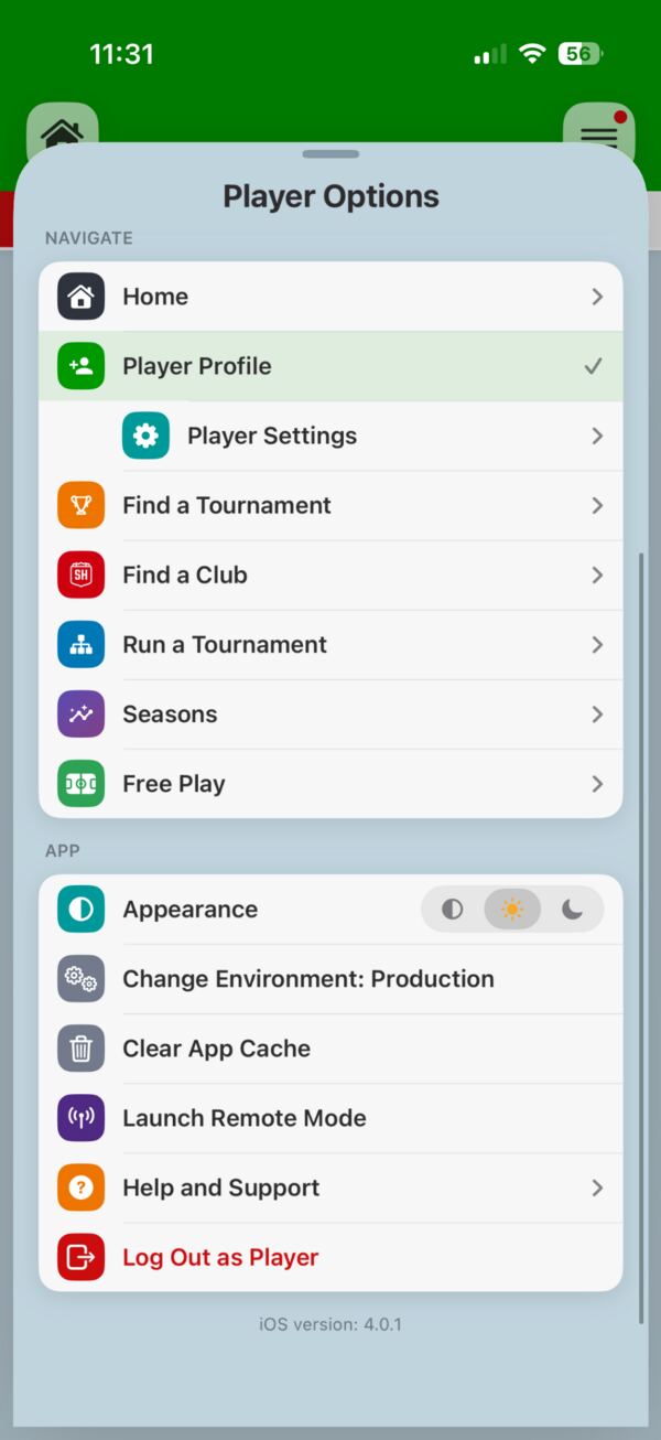 Player Options menu showing Log Out as Player at the bottom